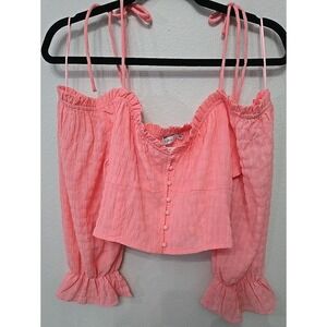 Lush Womens Cropped‎ Puff Sleeve Off the Shoulder Button Front Blouse Sz L NWT